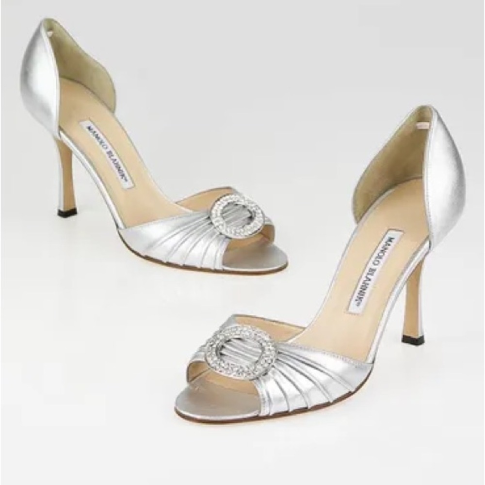 ISO Manolo Blahnik Sedaraby Silver Crystal Embellished Heels 35